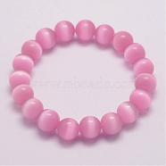 Cat Eye Beads Stretch Bracelets, Round, Pink, 1-7/8 inch(47mm)(BJEW-F242-8mm-05)
