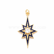 Brass Micro Pave Clear Cubic Zirconia Pendants, with Enamel and Jump Ring, Cadmium Free & Nickel Free & Lead Free, Star, Real 16K Gold Plated, Blue, 34.5x18x4mm, Jump Ring: 4.5x0.8mm, 2.9mm inner diameter(X-ZIRC-S067-071C-NR)