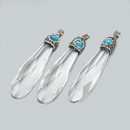 Natural Quartz Crystal Big Pendants, Rock Crystal, with Rhinestone, Synthetic Turquoise and Brass Findings, Faceted, teardrop, Platinum, 67~71x18x13mm, Hole: 8.5x4mm(X-G-S334-008)