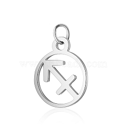 304 Stainless Steel Charms, with Jump Rings, Polished, Flat Round with Constellation, Sagittarius, 13x11x1mm, Hole: 2.5mm(STAS-T036-T513-A9)