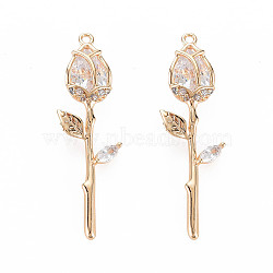 Brass Micro Pave Cubic Zirconia Pendants, Nickel Free, Real 18K Gold Plated, Rose Flower, Clear, 29x9x5mm, Hole: 1mm(KK-S364-014B)