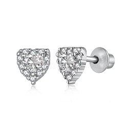 Rhodium Plated 925 Sterling Silver Micro Pave Cubic Zirconia Heart Stud Earrings for Woman, Real Platinum Plated, Clear, 5x6mm(EJEW-P231-75B)