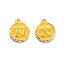 Golden Plated Alloy Enamel Charms, Enamelled Sequins, Flat Round with Alphabet, Letter.N, Yellow, 14x12x2mm, Hole: 1.5mm(ENAM-Q437-13N)