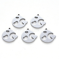 Non-Tarnish 201 Stainless Steel Pendants, Laser Cut, Flat Round with Heart, Stainless Steel Color, 16x16x1mm, Hole: 1.2mm(STAS-N092-18)