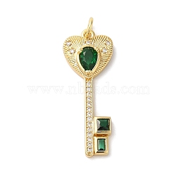 Rack Plating Brass Micro Pave Cubic Zirconia Pendants, with Glass Crystal, Long-Lasting Plated, Lead Free & Cadmium Free, with Jump Ring, Key, Dark Green, 32x12x4.5mm, Hole: 3mm(KK-U022-16D-02)