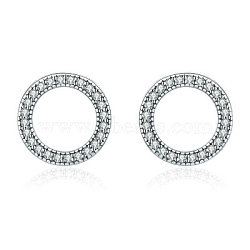 925 Sterling Silver Stud Earrings, with Cubic Zirconia, Carved 925, Flat Round, Antique Silver Plated, Clear, 11mm(EJEW-FF0008-012AS)