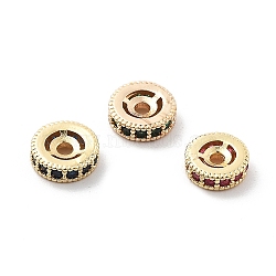 Brass Micro Pave Cubic Zirconia Beads, Long-Lasting Plated, Rack Plating, Flat Round, Light Gold, 7.5x2.5mm, Hole: 1.6mm(KK-R216-10B-KCG)