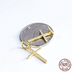 Rack Plating 925 Sterling Silver Pendants, with Jump Rings & 925 Stamp, Cross Charms, Real 18K Gold Plated, 16x9.5x1.2mm, Hole: 5mm(STER-L044-01G)