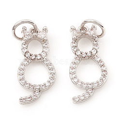 Brass Micro Pave Cubic Zirconia Charms, Cat Shape, Clear, Real Platinum Plated, 15x7x2mm, Hole: 3.5mm(ZIRC-G169-01P)