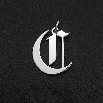 304 Stainless Steel Pendants, with Jump Ring, Old English, Letter, Laser Cut, Stainless Steel Color, Letter.C, 15.5x12.5x1mm, Hole: 3mm