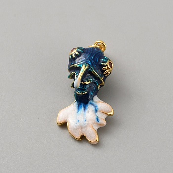 Brass Rhinestone Pendants, with Enamel, Fish Charms, Golden, Dark Blue, 28x13.5x11mm, Hole: 4x2.5mm