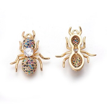 Brass Micro Pave Cubic Zirconia Pendants, Spider, Colorful, Colorful, 22x19~20x4.5~5mm, Hole: 1.4mm