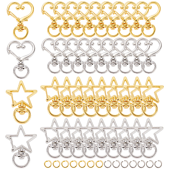 40Pcs 4 Styles Zinc Alloy Swivel Lobster Clasps, Swivel Snap Hook, Star & Heart, Mixed Color, 34.5x23.5~24x6mm, Hole: 5x9mm, 10pcs/style