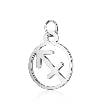 304 Stainless Steel Charms, with Jump Rings, Polished, Flat Round with Constellation, Sagittarius, 13x11x1mm, Hole: 2.5mm