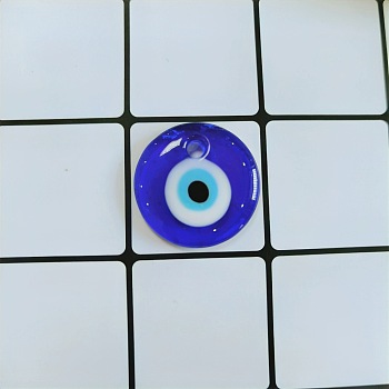 Transparent Glass Pendants, Flat Round with Evil Eye, Blue, 30mm