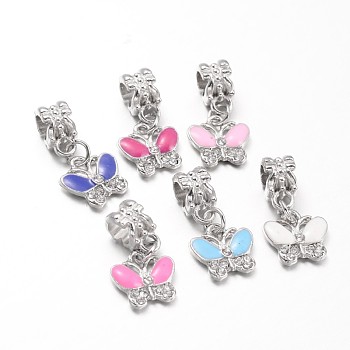 Butterfly Alloy Rhinestone Enamel European Dangle Charms, Large Hole Pendants, Antique Silver, Mixed Color, 23mm, Hole: 5mm