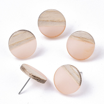 Transparent Resin & Wood Stud Earrings, with 304 Stainless Steel Pin, Flat Round, PeachPuff, 15mm, Pin: 0.7mm