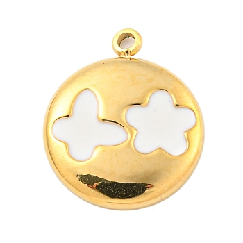 304 Stainless Steel Pendants, with Enamel, Flat Round with Butterfly & Flower Charms, Real 14K Gold Plated, 18x18x2mm, Hole: 1.4mm