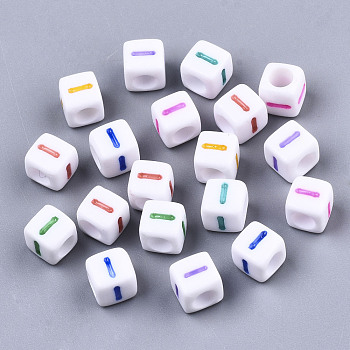 Opaque White Acrylic Beads, with Enamel, Horizontal Hole, Cube with Mixed Color Letter, Letter.I, 6x6x6mm, Hole: 3mm, about 2900pcs/500g