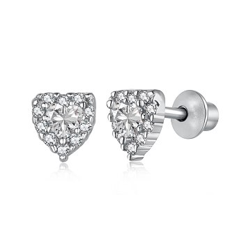 Rhodium Plated 925 Sterling Silver Micro Pave Cubic Zirconia Heart Stud Earrings for Woman, Real Platinum Plated, Clear, 5x6mm