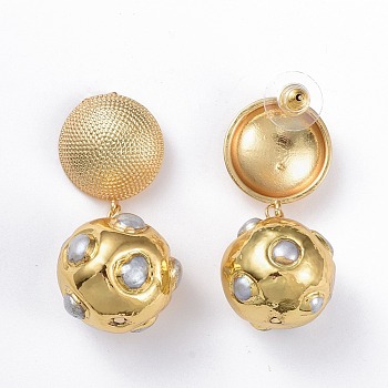 Brass Dangle Stud Earrings, with Pearl Beads and Ear Nuts, Golden, 43mm, Pin: 0.8mm
