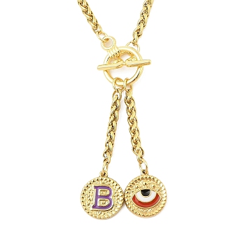 Ion Plating(IP) 304 Stainless Steel Purple Enamel Letter & Eye Pendant Wheat Chain Necklaces, with Toggle Clasps, Golden, Letter B, 20.47~20.87 inch(52~53cm)