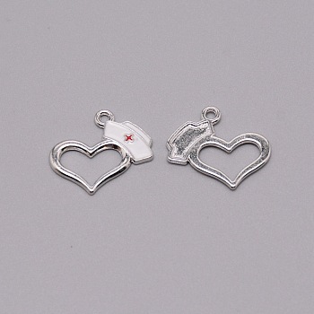 Zinc Alloy Enamel Pendants, Heart with Nurse Cap, Platinum, 19.5x21.5x1.5mm, Hole: 1.8mm