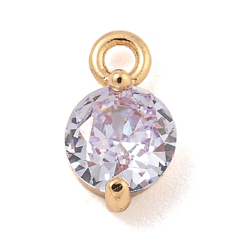 Flat Round Brass Micro Pave Cubic Zirconia Charms, Light Gold, Plum, 8.5x5x3.5mm, Hole: 1.2mm