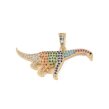 Brass Micro Pave Cubic Zirconia Pendants, Real 18K Gold Plated, Dinosaur, Colorful, 21x38x4mm, Hole: 6x3mm