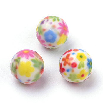 Opaque Printed Acrylic Beads, Round with Flower Pattern, Colorful, 10x9.5mm, Hole: 2mm