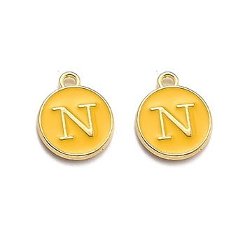 Golden Plated Alloy Enamel Charms, Enamelled Sequins, Flat Round with Alphabet, Letter.N, Yellow, 14x12x2mm, Hole: 1.5mm