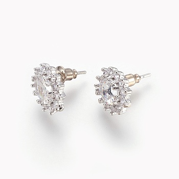 Cubic Zirconia Stud Earrings, with Brass Findings, Oval, Clear, Platinum, 13x10.5x4mm, Pin: 0.8mm