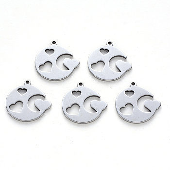 201 Stainless Steel Pendants, Laser Cut, Flat Round with Heart, Stainless Steel Color, 16x16x1mm, Hole: 1.2mm
