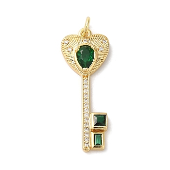 Rack Plating Brass Micro Pave Cubic Zirconia Pendants, with Glass Crystal, Long-Lasting Plated, Lead Free & Cadmium Free, with Jump Ring, Key, Dark Green, 32x12x4.5mm, Hole: 3mm