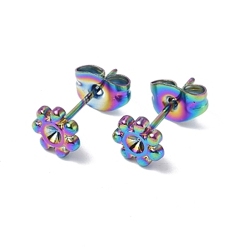 Ion Plating(IP) 304 Stainless Steel Stud Earring Findings, with Rhinestone Setting and Ear Nuts, Flower, Rainbow Color, Fit For 2mm Rhinetstone, 6mm, Pin: 0.7mm