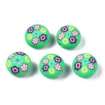 Handmade Polymer Clay Beads, for DIY Jewelry Crafts Supplies, Flat Round with Flower, Pale Green, 12x8.5mm, Hole: 1.6mm