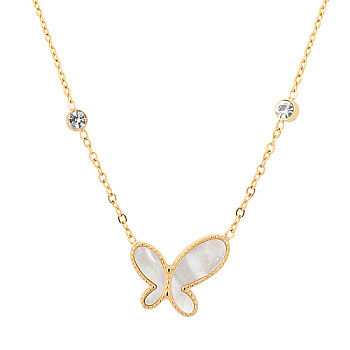Natural Shell Butterfly Pendant Necklace with Cubic Zirconia, Stainless Steel Necklace, Golden, 16.54 inch(42cm)
