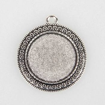 Tibetan Style Alloy Pendant Cabochon Settings, Cadmium Free & Lead Free, Flat Round, Antique Silver, Tray: 25mm, 40x35x2mm, Hole: 3mm