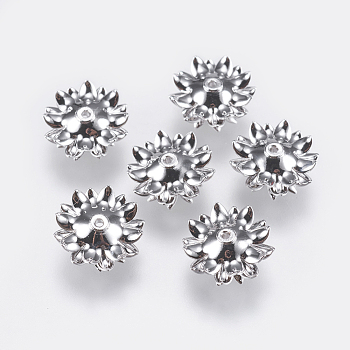 Multi-Petal Brass Bead Caps, Flower, Real Platinum Plated, 11x5.5mm, Hole: 1mm