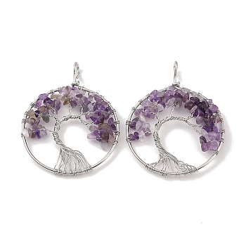 Natural Amethyst Big Pendants, with Platinum Brass Findings, Long-Lasting Plated, Lead Free & Cadmium Free, Flat Round with Tree, 62x49x6~13mm, Hole: 7x4mm