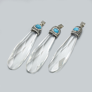 Natural Quartz Crystal Big Pendants, Rock Crystal, with Rhinestone, Synthetic Turquoise and Brass Findings, Faceted, teardrop, Platinum, 67~71x18x13mm, Hole: 8.5x4mm