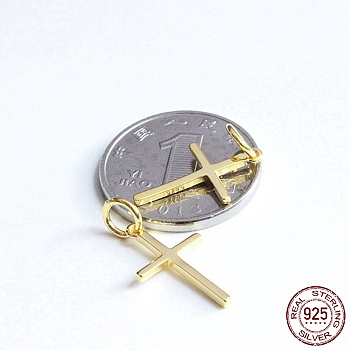 Rack Plating 925 Sterling Silver Pendants, with Jump Rings & 925 Stamp, Cross Charms, Real 18K Gold Plated, 16x9.5x1.2mm, Hole: 5mm