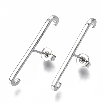 Brass Stud Earrings, Minimalist Suspender Earring, with Ear Nuts, Nickel Free, Bar, Real Platinum Plated, 27x1.5mm, Pin: 0.7mm