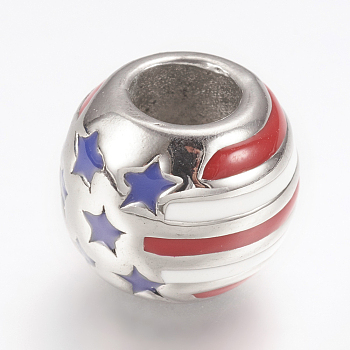 316 Surgical Stainless Steel Enamel European Beads, Large Hole Beads, Round with American Flag, Stainless Steel Color, 12x11mm, Hole: 5.5mm