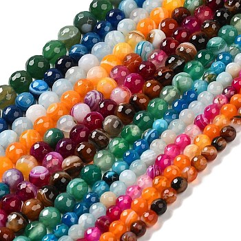Natural Striped Agate/Banded Agate Beads Strands, Dyed & Heated, Faceted Round, Mixed Color, 12mm, Hole: 1.2mm, about 32pcs/strand, 15''(38.1cm)