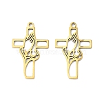 201 Stainless Steel Pendants, Cross with Praying Hands Charm, Real 18K Gold Plated, 21x13x1mm, Hole: 1.2mm(STAS-K310-05G)