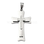 304 Stainless Steel & Rhinestone Pendants, Cross Charms, with 201 Stainless Steel Ice Pick Pinch Bails, Cross, Crystal, Stainless Steel Color, 45x26.5x5.5mm, Hole: 10.5x6.5mm(STAS-H256-03P)