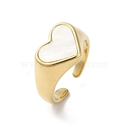 Shell Heart Open Cuff Ring for Women, 304 Stainless Steel Finger Ring, Real 18K Gold Plated, White, 11mm, Inner Diameter: Adjustable(RJEW-C091-07G-01)