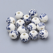 Handmade Printed Porcelain Beads, Round, Prussian Blue, 12mm, Hole: 2mm(PORC-Q201-12mm-4)