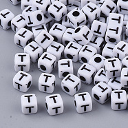 White Opaque Acrylic Beads, Horizontal Hole, Cube with Black Alphabet, Letter.T, 4~5x4~5x4~5mm, Hole: 1.8mm, about 6470~6500pcs/500g(MACR-R869-02T)